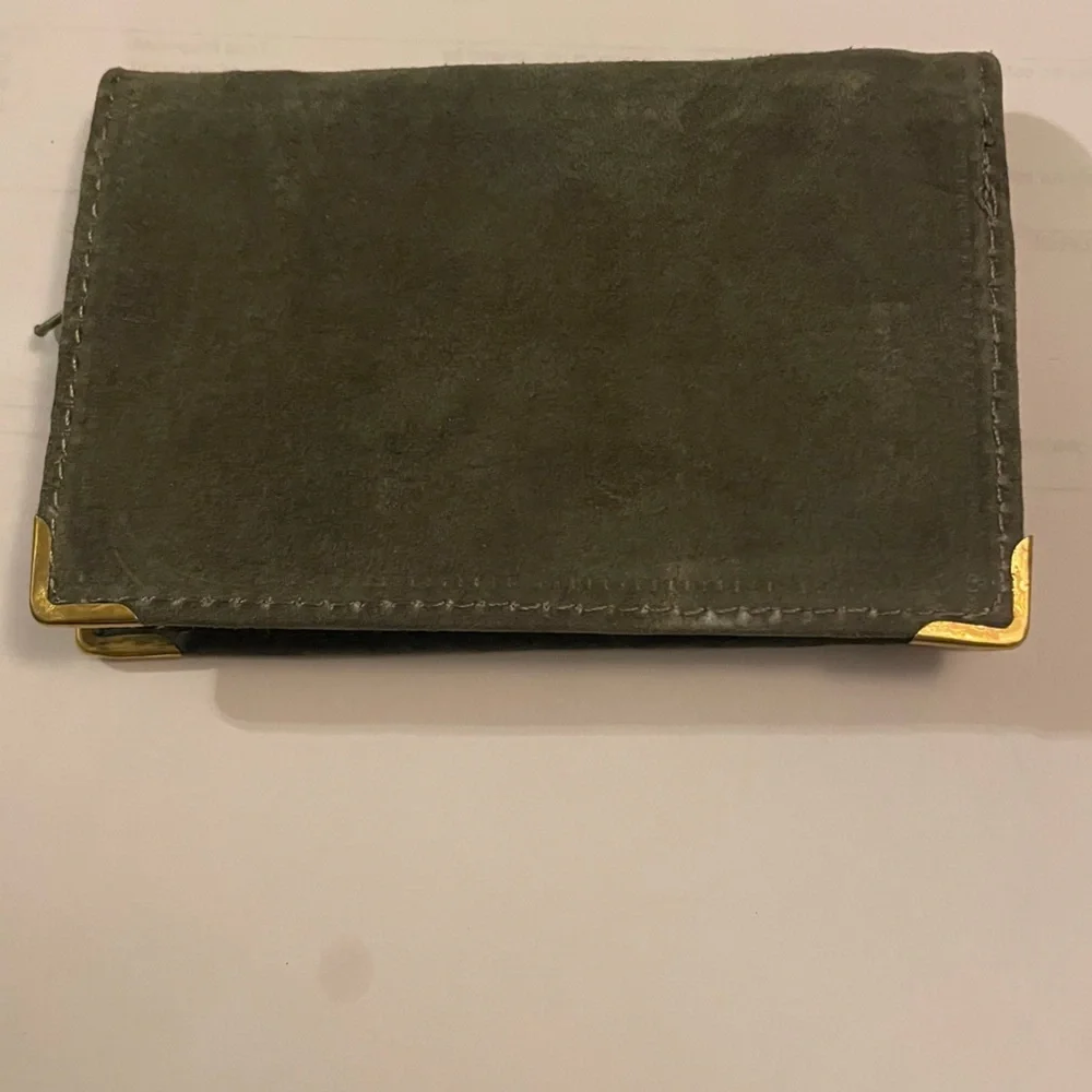 English Factory Gray Leather ID Card Holder with Gold Corners wallet